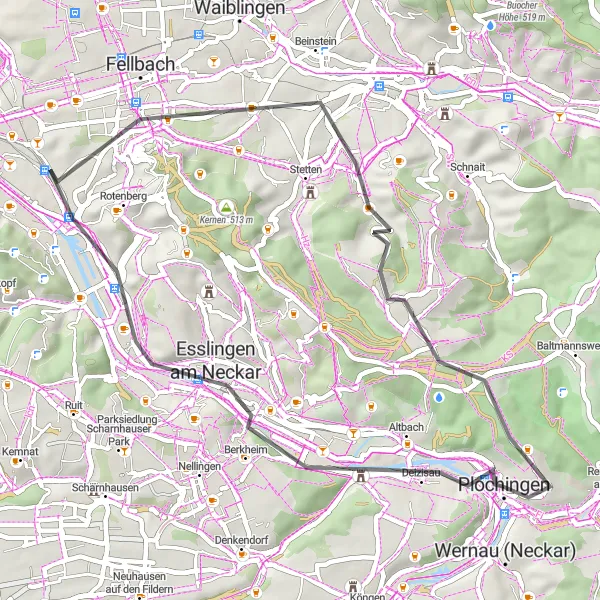 Karten-Miniaturansicht der Radinspiration "Auf den Spuren von Esslingen und Ailenberg" in Stuttgart, Germany. Erstellt vom Tarmacs.app-Routenplaner für Radtouren