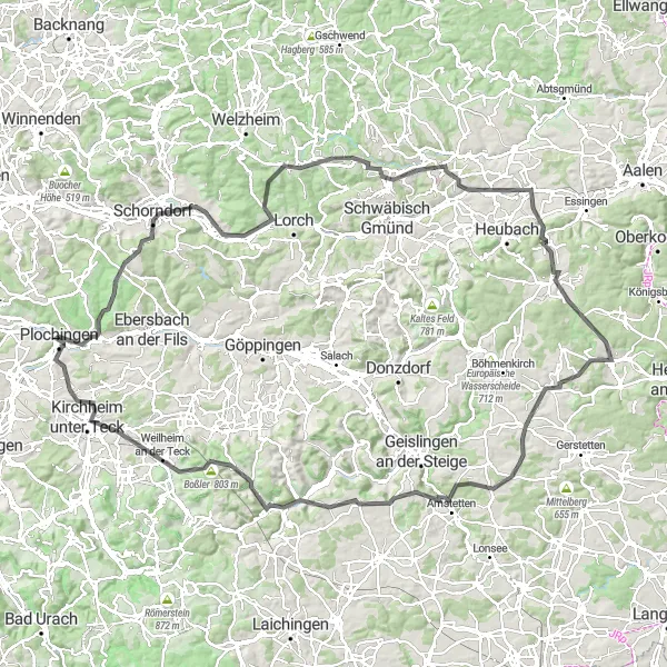 Map miniature of "Schurwald and Rems Valley Ride" cycling inspiration in Stuttgart, Germany. Generated by Tarmacs.app cycling route planner