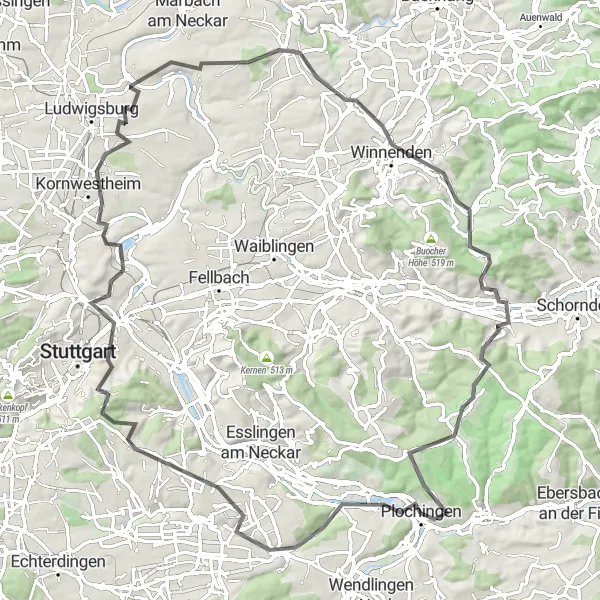 Map miniature of "Stuttgart Hinterland Adventure" cycling inspiration in Stuttgart, Germany. Generated by Tarmacs.app cycling route planner