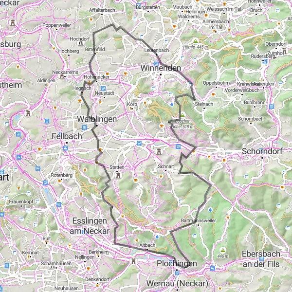 Map miniature of "Plochingen Loop" cycling inspiration in Stuttgart, Germany. Generated by Tarmacs.app cycling route planner