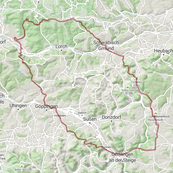 Map miniature of "Exploring Hilly Gravel Paths" cycling inspiration in Stuttgart, Germany. Generated by Tarmacs.app cycling route planner