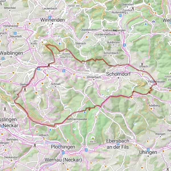 Map miniature of "Serene Gravel Escape" cycling inspiration in Stuttgart, Germany. Generated by Tarmacs.app cycling route planner