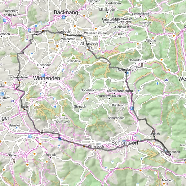 Map miniature of "Road Explorer" cycling inspiration in Stuttgart, Germany. Generated by Tarmacs.app cycling route planner