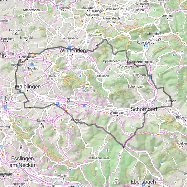 Karten-Miniaturansicht der Radinspiration "Stuttgart Rundweg via Ottilienberg und Urbach" in Stuttgart, Germany. Erstellt vom Tarmacs.app-Routenplaner für Radtouren