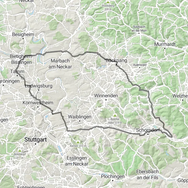 Map miniature of "Winterbach Adventure" cycling inspiration in Stuttgart, Germany. Generated by Tarmacs.app cycling route planner