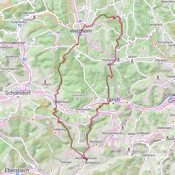 Karten-Miniaturansicht der Radinspiration "Gravel-Tour um Rechberghausen" in Stuttgart, Germany. Erstellt vom Tarmacs.app-Routenplaner für Radtouren