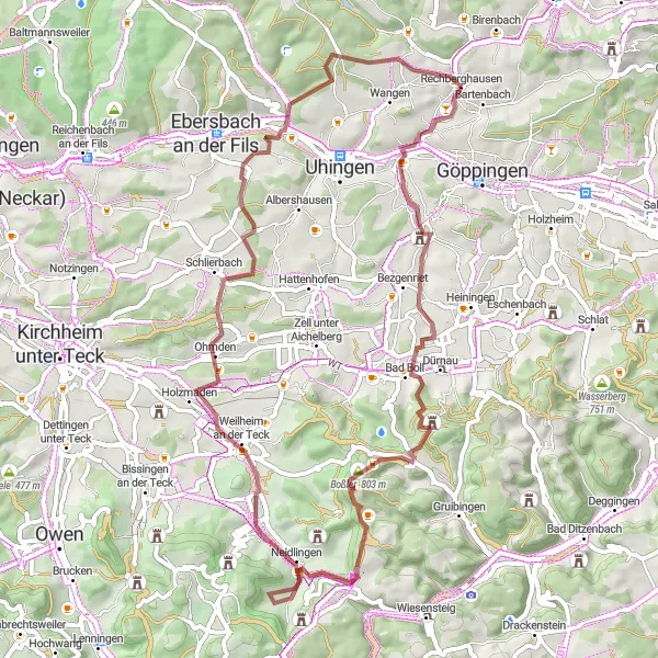 Karten-Miniaturansicht der Radinspiration "Hügeliges Abenteuer durch die Naturparks" in Stuttgart, Germany. Erstellt vom Tarmacs.app-Routenplaner für Radtouren