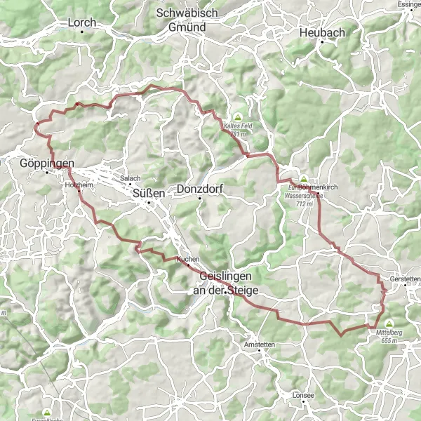 Karten-Miniaturansicht der Radinspiration "Rundfahrt Rechberghausen" in Stuttgart, Germany. Erstellt vom Tarmacs.app-Routenplaner für Radtouren