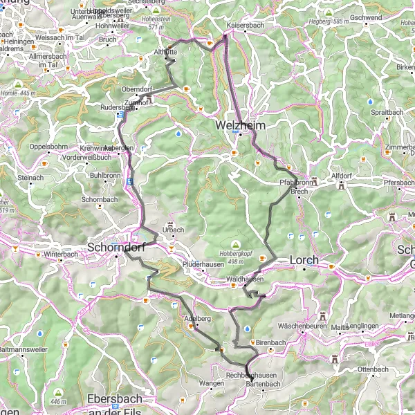 Karten-Miniaturansicht der Radinspiration "Rundtour Rechberghausen - Strümpfelbachviadukt" in Stuttgart, Germany. Erstellt vom Tarmacs.app-Routenplaner für Radtouren