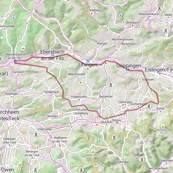Map miniature of "Uhingen Exploration" cycling inspiration in Stuttgart, Germany. Generated by Tarmacs.app cycling route planner