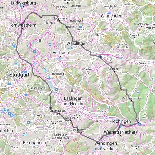 Map miniature of "Hills and Panoramas Road Circuit" cycling inspiration in Stuttgart, Germany. Generated by Tarmacs.app cycling route planner