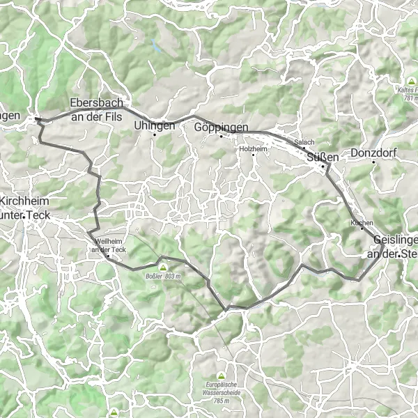 Map miniature of "Fils Valley Road Adventure" cycling inspiration in Stuttgart, Germany. Generated by Tarmacs.app cycling route planner