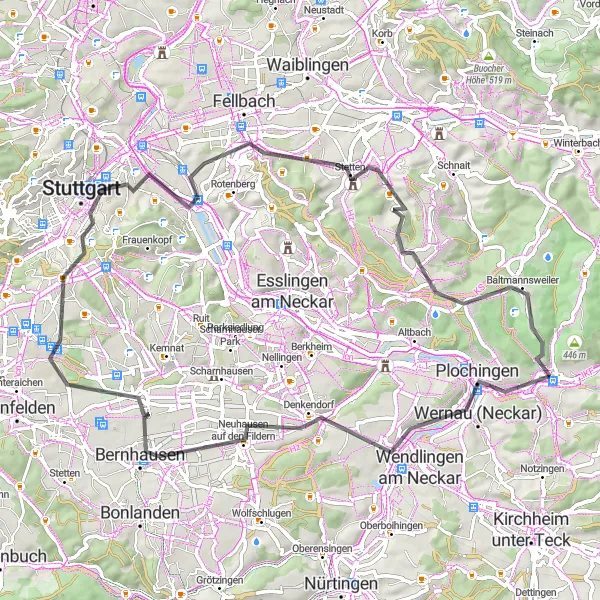 Map miniature of "Stuttgart and Surroundings" cycling inspiration in Stuttgart, Germany. Generated by Tarmacs.app cycling route planner