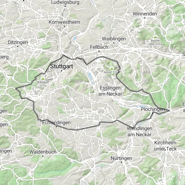 Map miniature of "Fildern Road Adventure" cycling inspiration in Stuttgart, Germany. Generated by Tarmacs.app cycling route planner