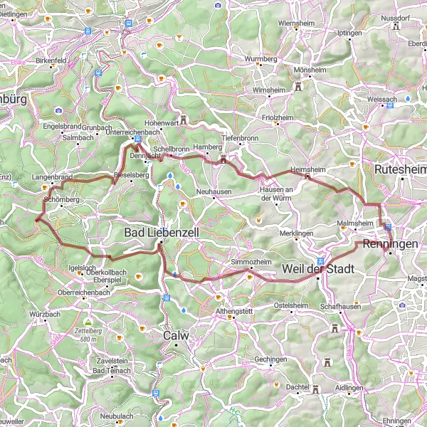 Karten-Miniaturansicht der Radinspiration "Rundweg um Renningen" in Stuttgart, Germany. Erstellt vom Tarmacs.app-Routenplaner für Radtouren