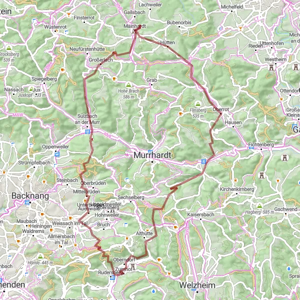 Map miniature of "Rudersberg to Althütte Gravel Adventure" cycling inspiration in Stuttgart, Germany. Generated by Tarmacs.app cycling route planner
