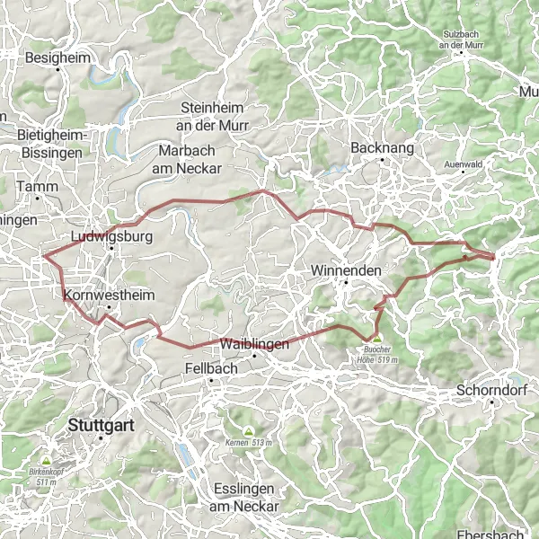 Map miniature of "Rudersberg Gravel Ride" cycling inspiration in Stuttgart, Germany. Generated by Tarmacs.app cycling route planner