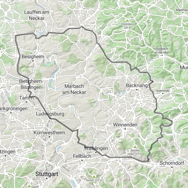 Map miniature of "Rudersberg to Weissach im Tal Loop" cycling inspiration in Stuttgart, Germany. Generated by Tarmacs.app cycling route planner