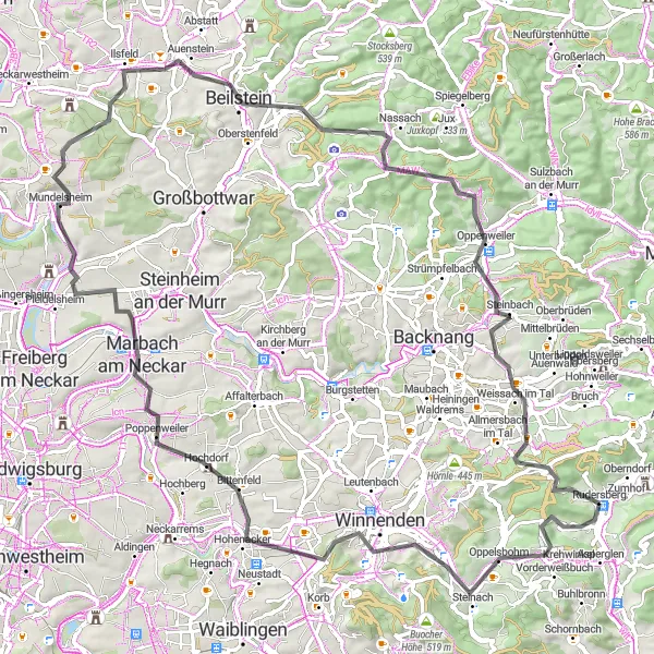Map miniature of "Rudersberg to Weissach im Tal Scenic Route" cycling inspiration in Stuttgart, Germany. Generated by Tarmacs.app cycling route planner