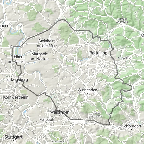 Map miniature of "Challenging Road Circuit" cycling inspiration in Stuttgart, Germany. Generated by Tarmacs.app cycling route planner