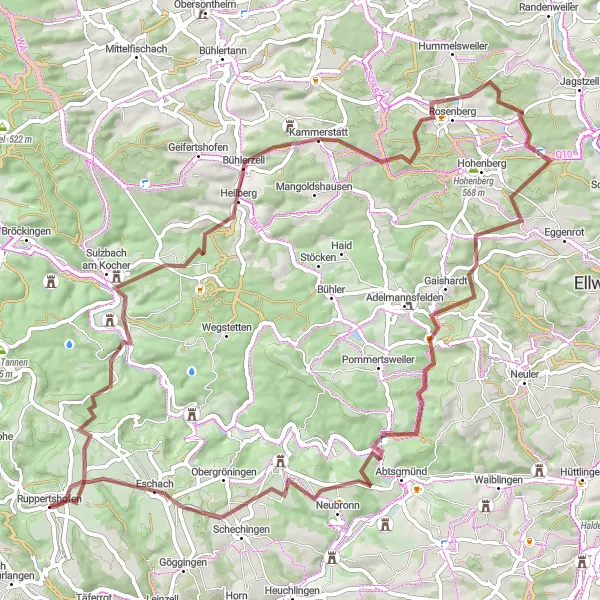 Karten-Miniaturansicht der Radinspiration "Erlebnisreiche Gravel-Tour um Ruppertshofen" in Stuttgart, Germany. Erstellt vom Tarmacs.app-Routenplaner für Radtouren