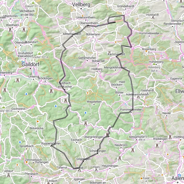 Karten-Miniaturansicht der Radinspiration "Roadtour Richtung Adelmannsfelden" in Stuttgart, Germany. Erstellt vom Tarmacs.app-Routenplaner für Radtouren