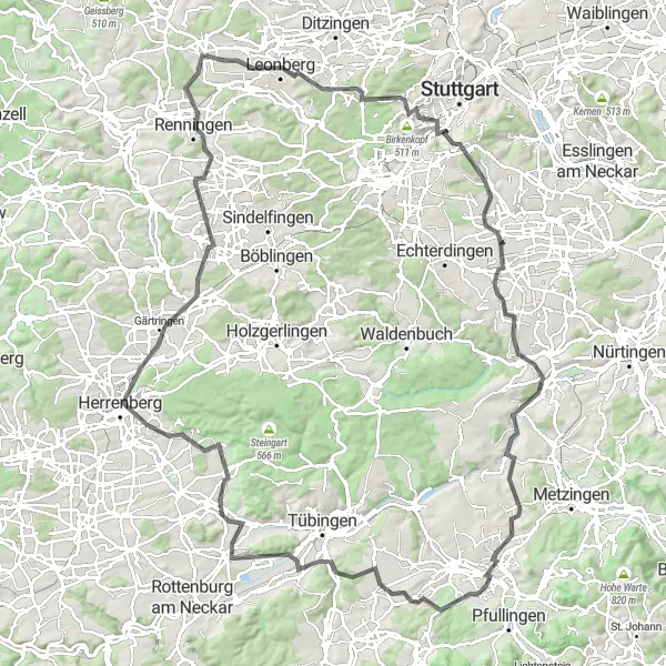 Map miniature of "The Grand Tour" cycling inspiration in Stuttgart, Germany. Generated by Tarmacs.app cycling route planner