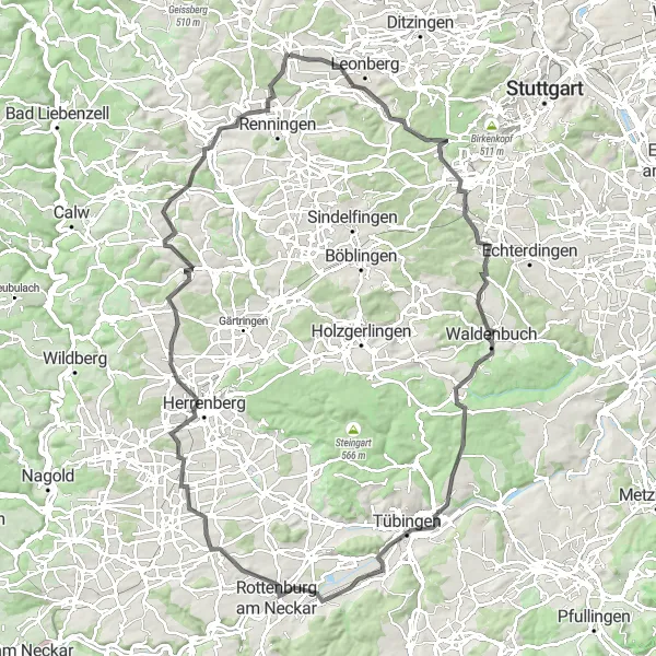 Karten-Miniaturansicht der Radinspiration "Radweg durch Gebersheim und Tübingen" in Stuttgart, Germany. Erstellt vom Tarmacs.app-Routenplaner für Radtouren
