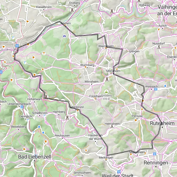 Map miniature of "Swabian Hills and Pforzheim" cycling inspiration in Stuttgart, Germany. Generated by Tarmacs.app cycling route planner