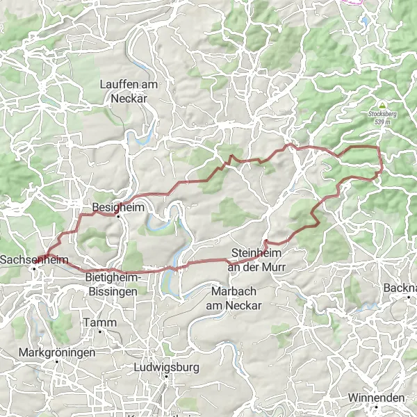 Karten-Miniaturansicht der Radinspiration "Hügeliger Gravel-Kurs um Sachsenheim" in Stuttgart, Germany. Erstellt vom Tarmacs.app-Routenplaner für Radtouren