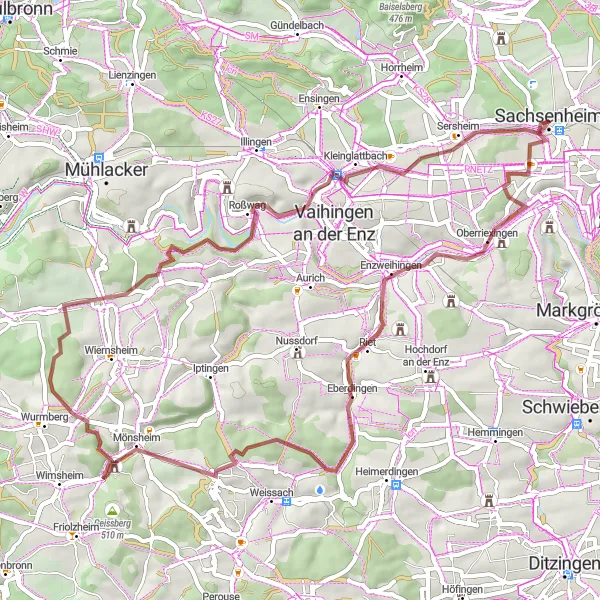 Karten-Miniaturansicht der Radinspiration "Erkundung der Naturpfade um Sachsenheim" in Stuttgart, Germany. Erstellt vom Tarmacs.app-Routenplaner für Radtouren