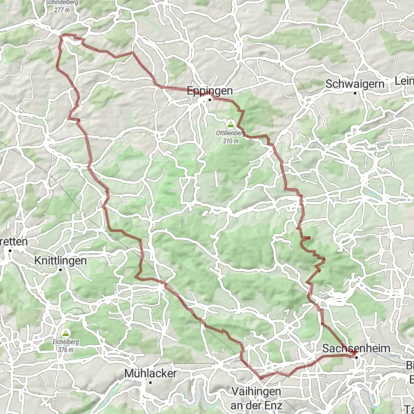 Map miniature of "Gravel Ride to Kraichgaublick" cycling inspiration in Stuttgart, Germany. Generated by Tarmacs.app cycling route planner