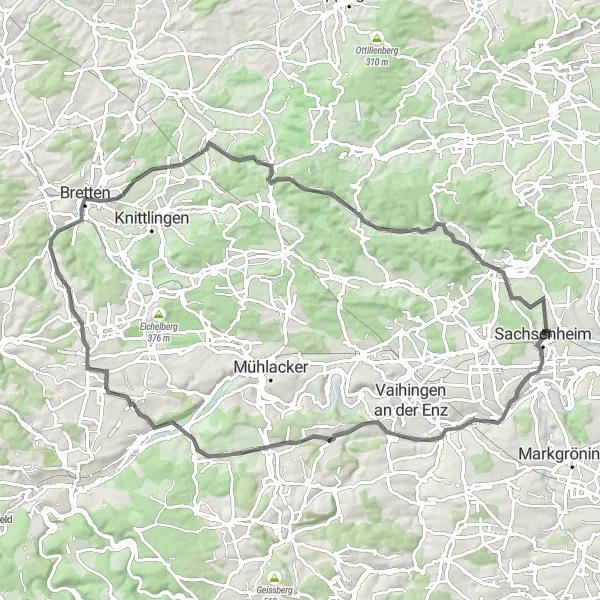 Map miniature of "Road Cycling Tour through Sachsenheim" cycling inspiration in Stuttgart, Germany. Generated by Tarmacs.app cycling route planner