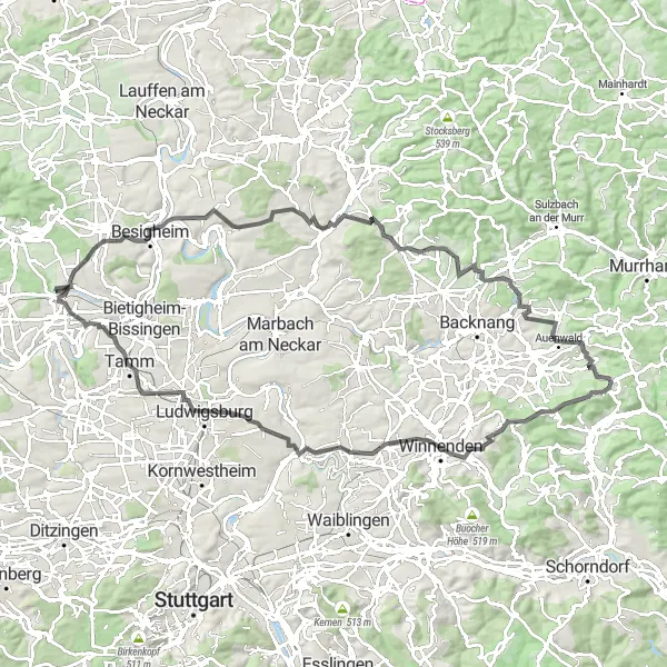 Map miniature of "Exploring the Stuttgart Countryside" cycling inspiration in Stuttgart, Germany. Generated by Tarmacs.app cycling route planner