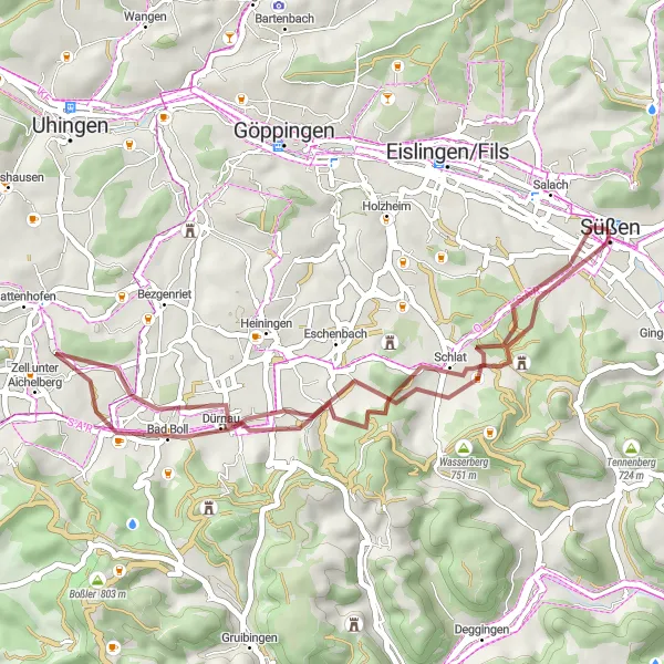 Karten-Miniaturansicht der Radinspiration "Kurze Gravel-Runde um Salach" in Stuttgart, Germany. Erstellt vom Tarmacs.app-Routenplaner für Radtouren