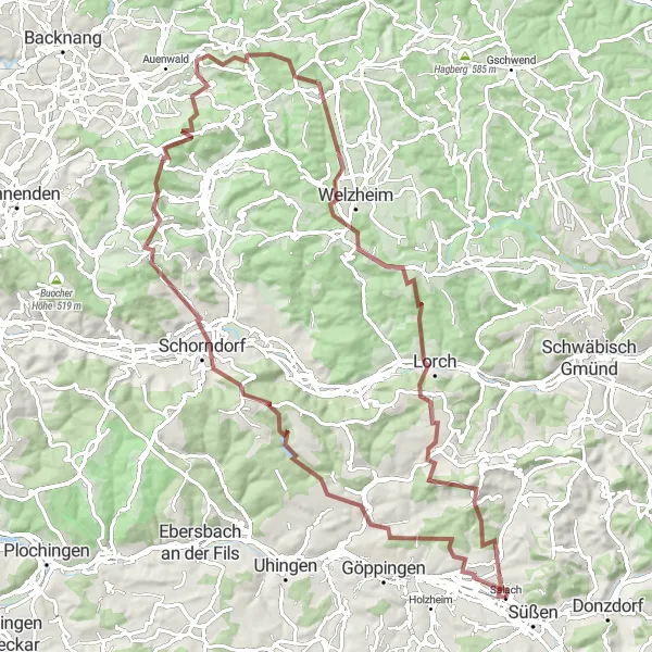 Map miniature of "Adventure Ride to Ebersberg" cycling inspiration in Stuttgart, Germany. Generated by Tarmacs.app cycling route planner