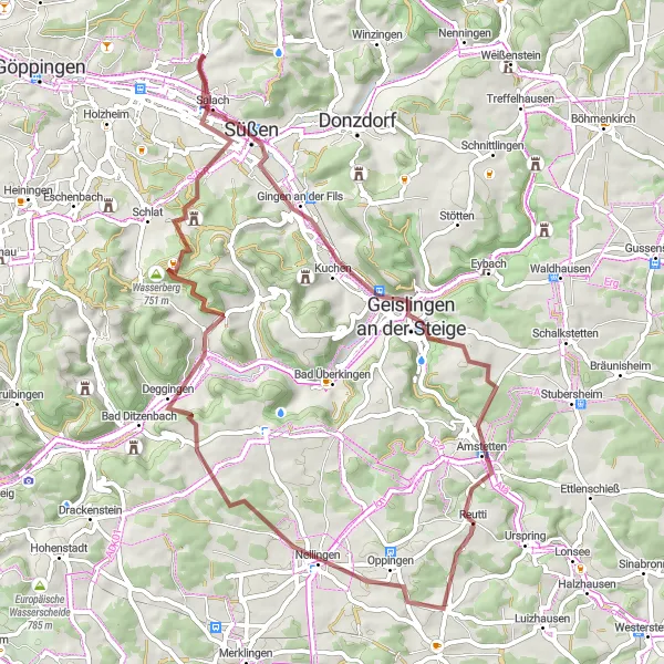 Map miniature of "Salach – Geislingen an der Steige Gravel Route" cycling inspiration in Stuttgart, Germany. Generated by Tarmacs.app cycling route planner