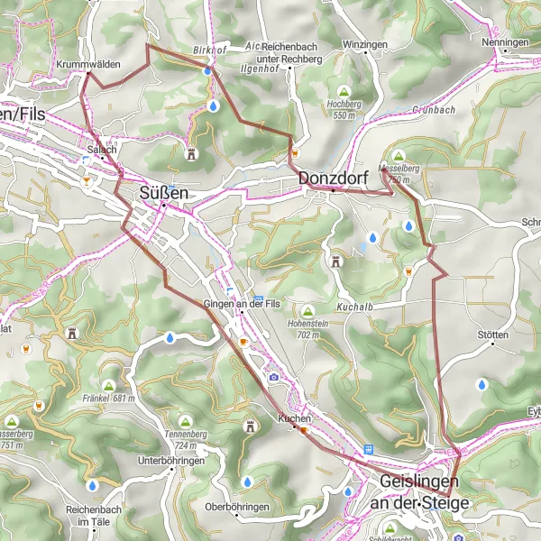 Map miniature of "Salach – Donzdorf Gravel Route" cycling inspiration in Stuttgart, Germany. Generated by Tarmacs.app cycling route planner