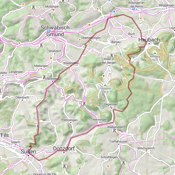 Map miniature of "Salach – Süßen Gravel Route" cycling inspiration in Stuttgart, Germany. Generated by Tarmacs.app cycling route planner