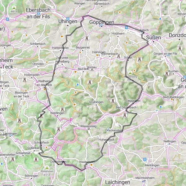 Map miniature of "Salach Wasserberg Loop" cycling inspiration in Stuttgart, Germany. Generated by Tarmacs.app cycling route planner