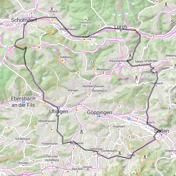 Map miniature of "Scenic Road to Lorch" cycling inspiration in Stuttgart, Germany. Generated by Tarmacs.app cycling route planner