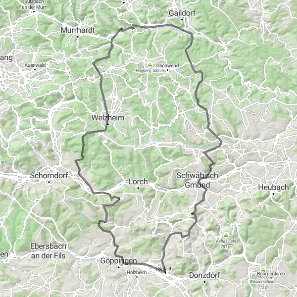 Map miniature of "Challenge to Schwäbisch Gmünd" cycling inspiration in Stuttgart, Germany. Generated by Tarmacs.app cycling route planner