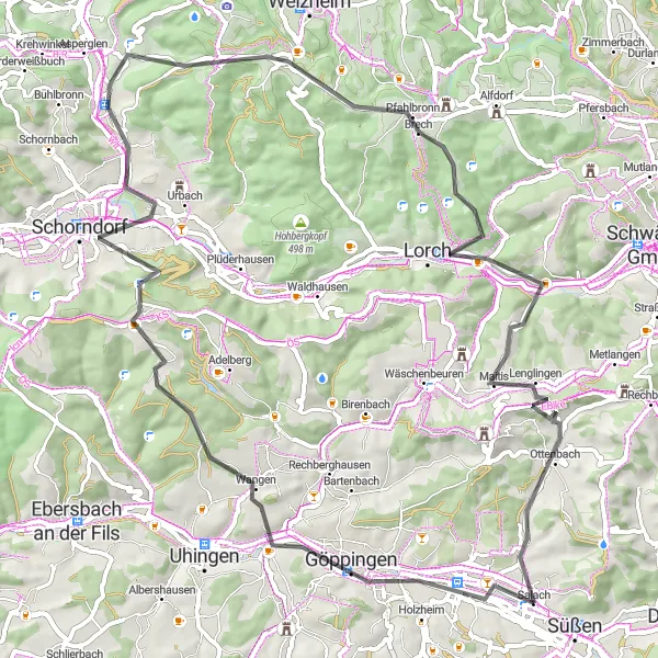 Karten-Miniaturansicht der Radinspiration "Panoramatische Göppingen-Ottenbach-Route" in Stuttgart, Germany. Erstellt vom Tarmacs.app-Routenplaner für Radtouren