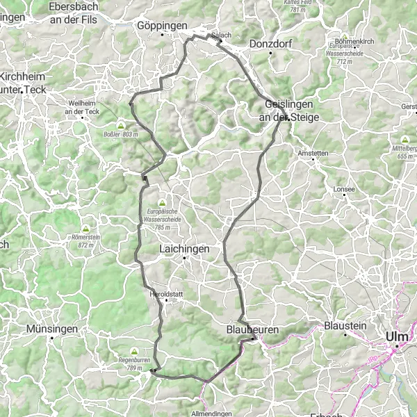 Karten-Miniaturansicht der Radinspiration "Epische Geislingen-Sandburren-Tour" in Stuttgart, Germany. Erstellt vom Tarmacs.app-Routenplaner für Radtouren