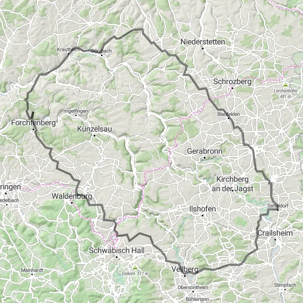 Map miniature of "Satteldorf Circular Road Route" cycling inspiration in Stuttgart, Germany. Generated by Tarmacs.app cycling route planner