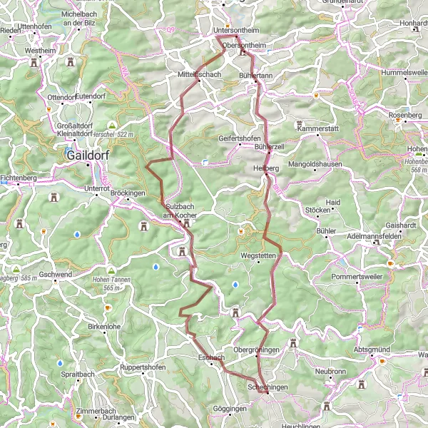 Map miniature of "Sulzbach am Kocher and Schechingen Gravel Route" cycling inspiration in Stuttgart, Germany. Generated by Tarmacs.app cycling route planner