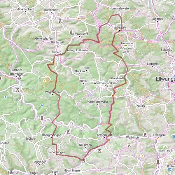 Map miniature of "Rural Gravel Exploration" cycling inspiration in Stuttgart, Germany. Generated by Tarmacs.app cycling route planner