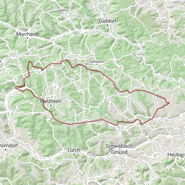 Map miniature of "Hinkelsteine and Osterbrunnen Schechingen Gravel Route" cycling inspiration in Stuttgart, Germany. Generated by Tarmacs.app cycling route planner