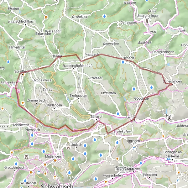 Karten-Miniaturansicht der Radinspiration "Schotter-Tour durch Täferrot und Spraitbach" in Stuttgart, Germany. Erstellt vom Tarmacs.app-Routenplaner für Radtouren