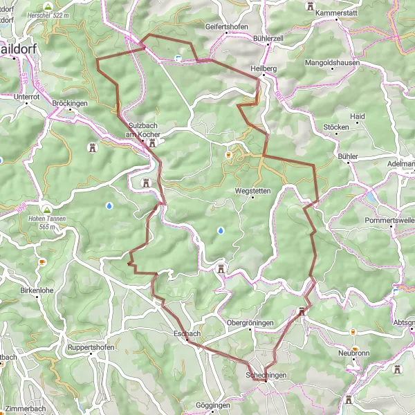 Map miniature of "The Schloss Schmiedelfeld Adventure" cycling inspiration in Stuttgart, Germany. Generated by Tarmacs.app cycling route planner